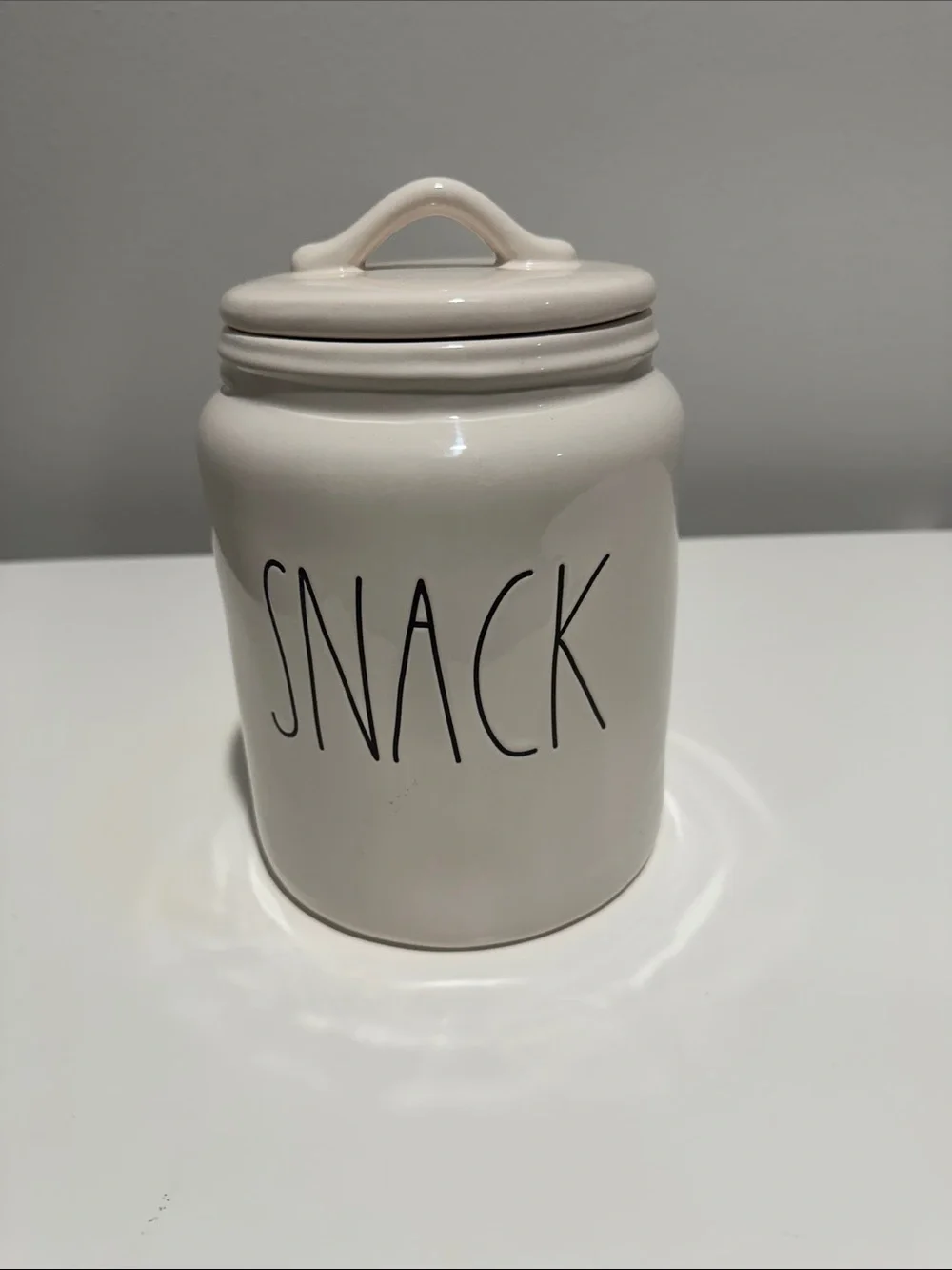 Rae Dunn Cream Ceramic Snack Canister with Black Lettering